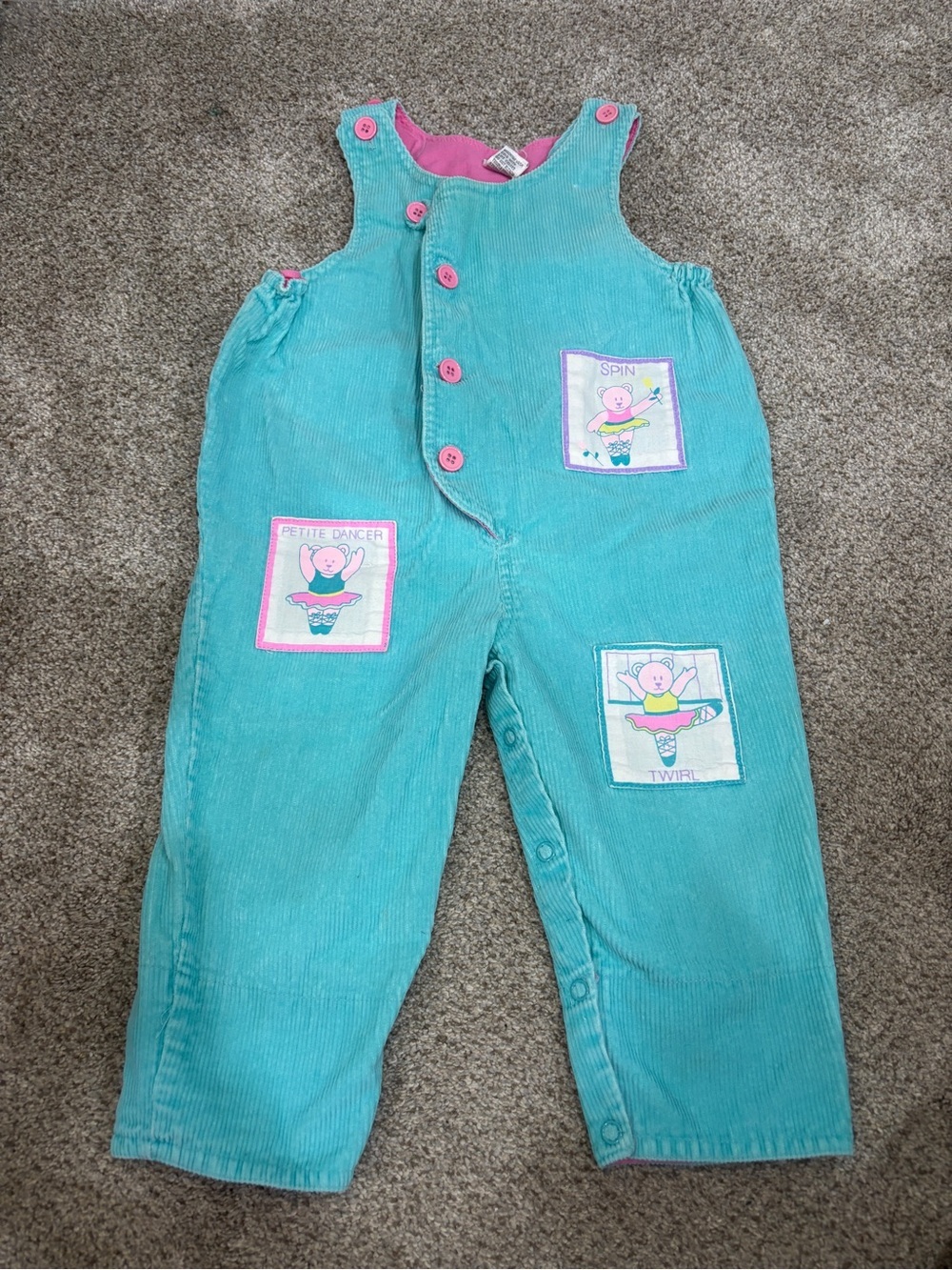 Vintage Baby Girl Toddler Teal Corduroy Overalls Ballet Patches 12 months